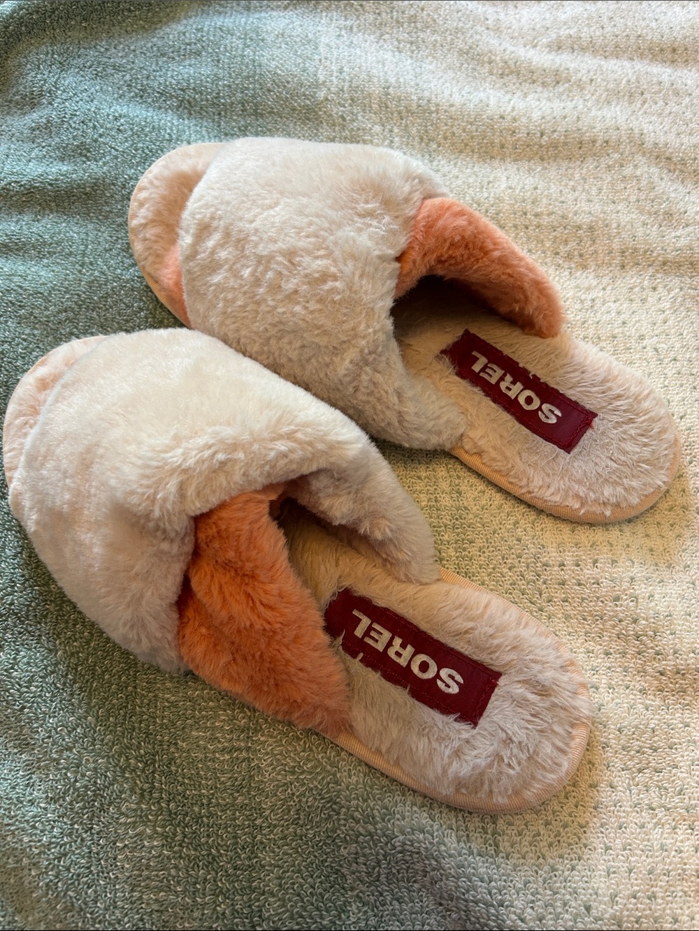 Sorel Women's Plush Slide Slippers in Cream and Peach